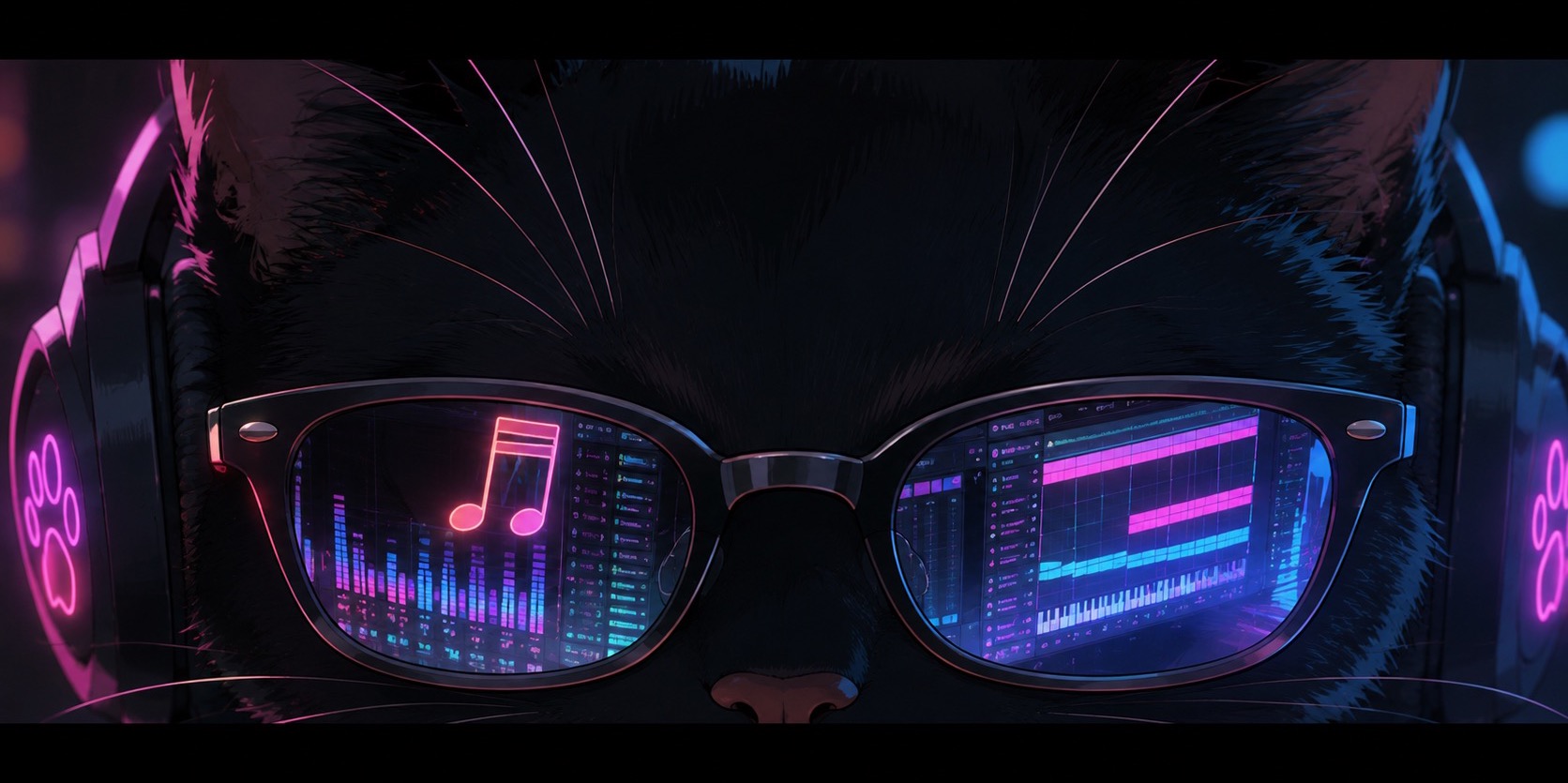 ヘッドホンとメガネの黒猫DJ